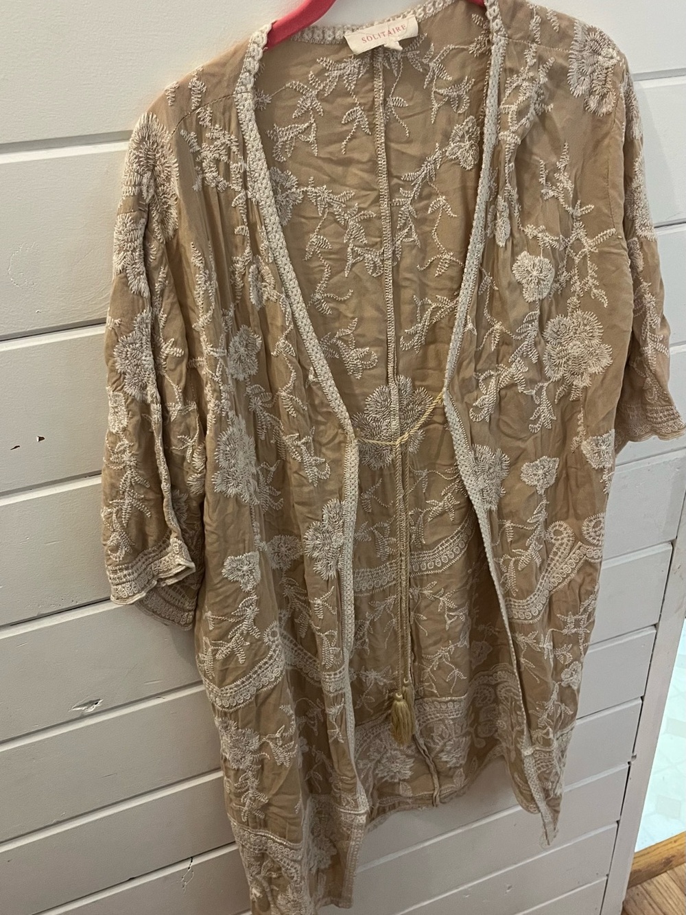 Solitaire Beige Embroidered Kimono Floral Beach Resort Festival Boho Size L